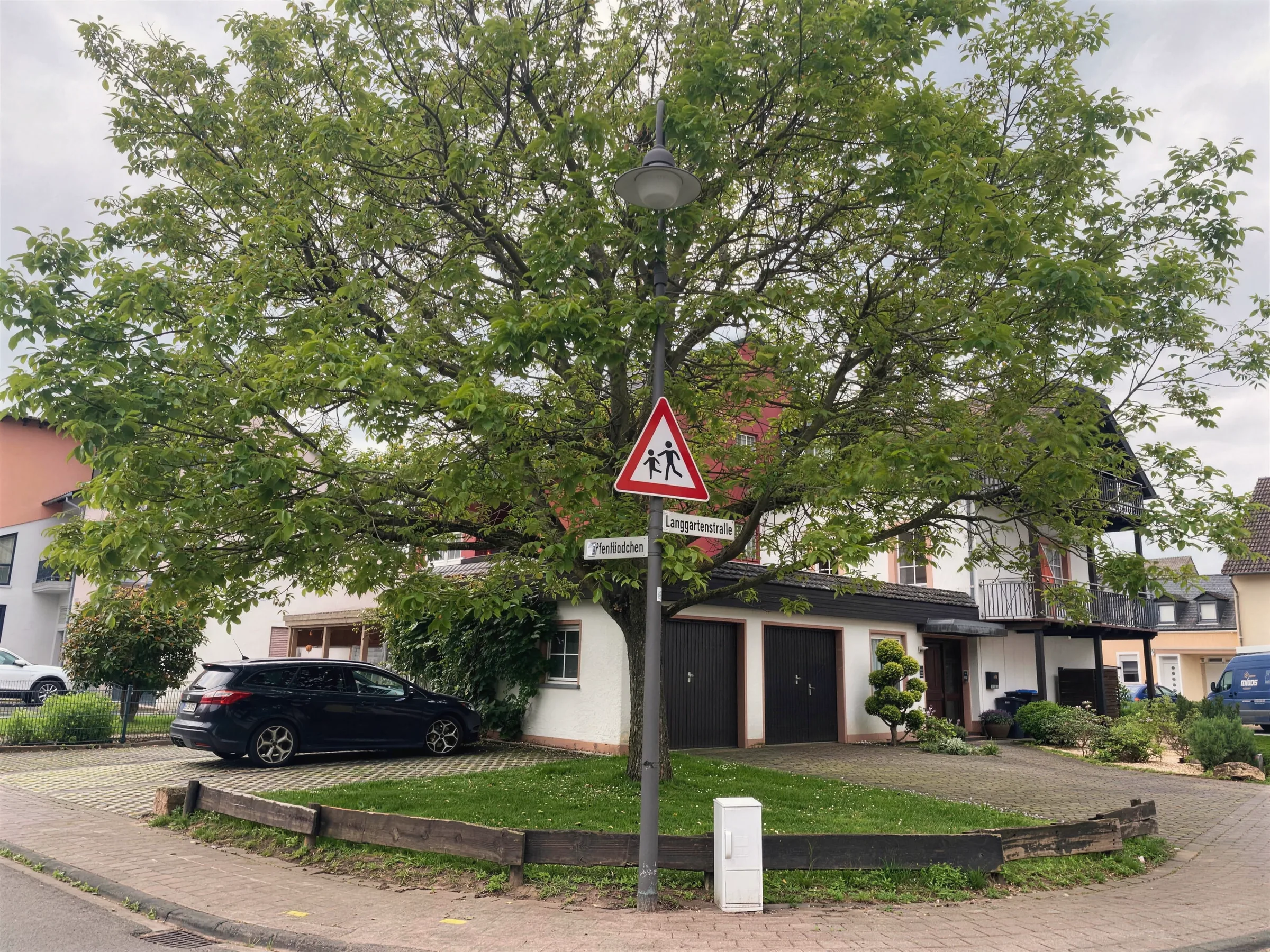 Großer Baum vor dem Haus an der ruhigen Straße